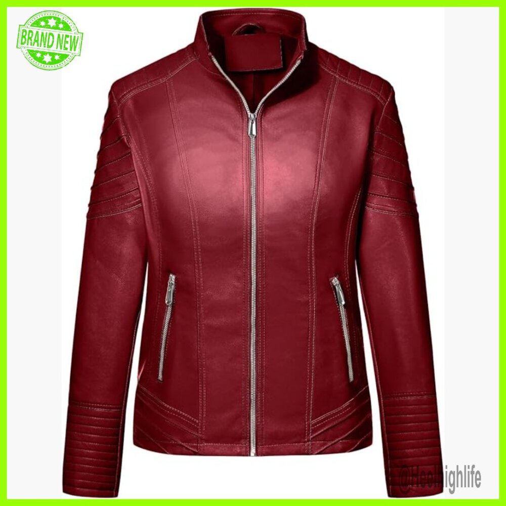 Plus Size Faux Leather Motorcycle Jacket PU Coat Long Sleeve